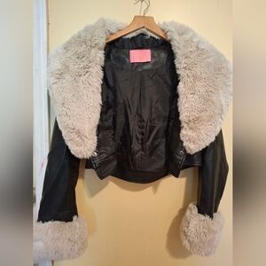 Cream and Black Leather Jacket with Plush Sherpa Lining